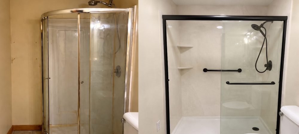 Side-by-side photo of an older curved shower enclosure and a newer framed glass shower